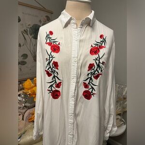 Rose Embroidered Button-Up Shirt Sz XL